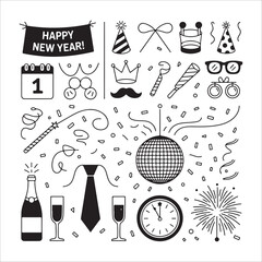 Festive new year celebration icon set with holiday elements