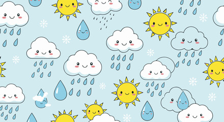 Fototapeta premium Cute and smiling sun, cloud, and rain illustrations form a delightful seamless pattern on a soft blue background, perfect for kids' designs and textiles