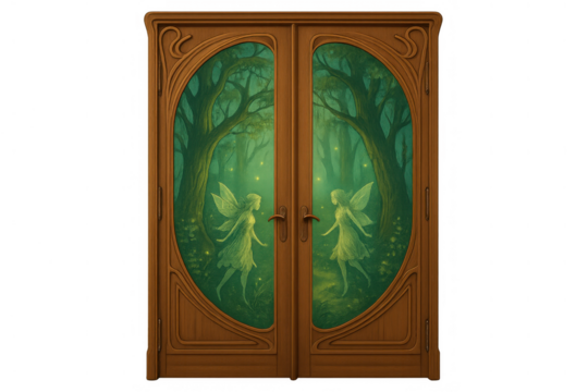 Enchanted double wooden door with art nouveau details, opening onto a magical forest scene with glowing fairies and fireflies
