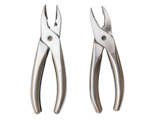 Two pairs of silver pliers isolated on transparent background, showcasing their robust design and utility for gripping, cutting, and manipulating various materials effectively
