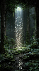 A giant hourglass floats above a forest, releasing cascading light particles like glowing rain, symbolizing time, renewal, and the gentle merge of nature with cosmic energy.
