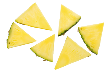 Six triangular slices of pineapple arranged in a circular pattern on transparent background