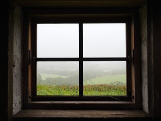 Fototapeta premium Rustic Window View of Misty Green Landscape