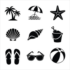 Collection of summer themed icons featuring beach sun ocean and tropical elements