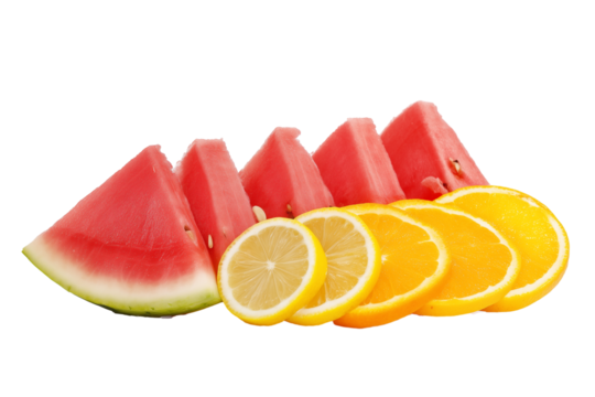 Vibrant arrangement of fresh fruit slices with watermelon, lemon, and orange on transparent background