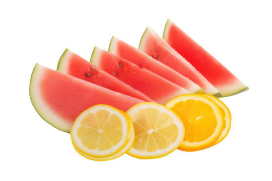 Vibrant still life arrangement of fresh fruit slices with watermelon and lemon on transparent background - Powered by Adobe