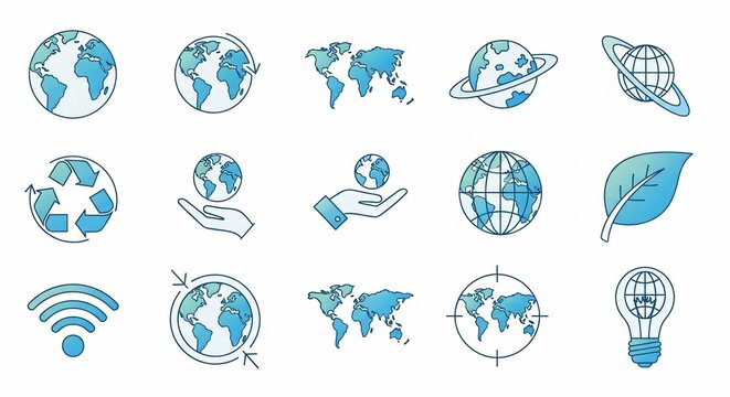 A collection of blue and white line art icons representing global themes, environmental concepts, and technology.