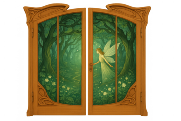 Enchanted fairy opening ornate art nouveau portal gate to magical forest with glowing path and transparent background