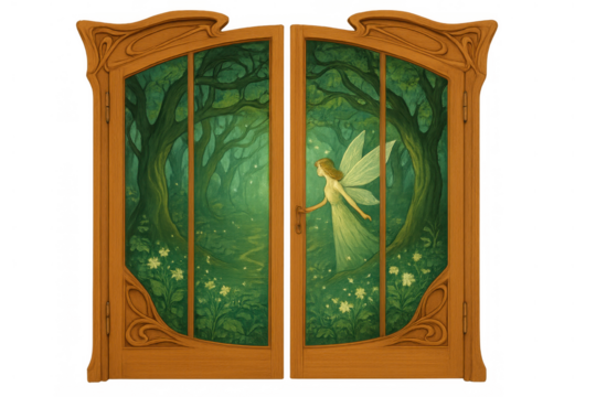 Enchanted fairy opening ornate art nouveau portal gate to magical forest with glowing path and transparent background