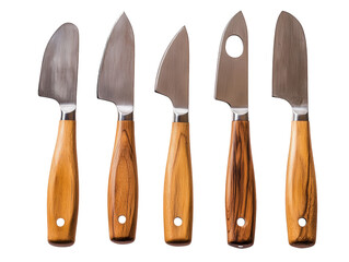 A set of five cheese knives isolated on transparent background, each with a unique blade shape and wooden handle, perfect for a cheese tasting or charcuterie board