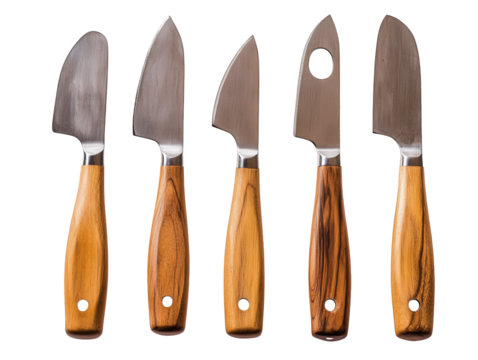 A set of five cheese knives isolated on transparent background, each with a unique blade shape and wooden handle, perfect for a cheese tasting or charcuterie board - Powered by Adobe
