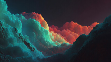 Neon clouds drift through a dark void with glowing edges and vibrant colors, creating a surreal, futuristic atmosphere that evokes mystery, energy, and otherworldly digital landscapes