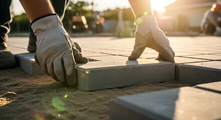Worker laying paving stones on the ground, wearing protective gloves, outdoors in sunlight.