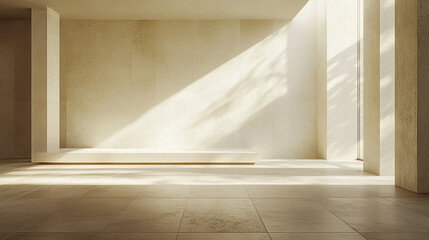 Obraz premium Minimalist empty room with natural light casting soft shadows on beige textured walls and tiled floor, creating calm and warm atmosphere in spacious interior