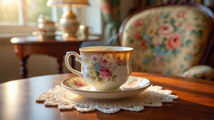 Fototapeta premium Elegant Floral Teacup with Steam in Sunlight