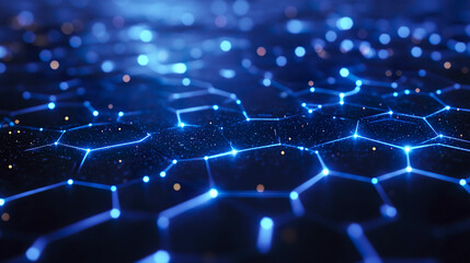 Obraz premium Sleek blue tech backdrop with bright circuit patterns glowing in dark space, creating futuristic and dynamic digital network effect with hexagonal shapes