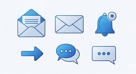 A set of blue and white communication and notification icons, including envelopes, a bell, an arrow, and speech bubbles for digital interfaces.