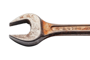 Closeup of a rusty adjustable wrench isolated on transparent background, showcasing its worn condition and the intricate details of its adjustable mechanism