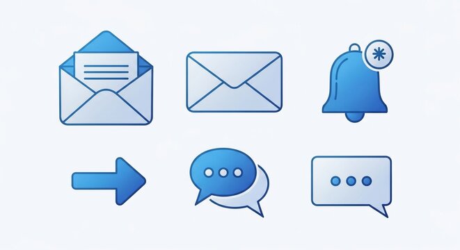 A set of blue and white communication and notification icons, including envelopes, a bell, an arrow, and speech bubbles for digital interfaces. - Powered by Adobe
