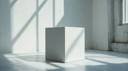 Sleek empty white cube pedestal stand placed on smooth floor with natural sunlight casting soft shadows in minimalistic room corner, creating calm and clean atmosphere