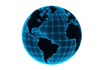 Blue glowing earth globe hologram representing global network, data connection, technology, and communication concept