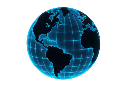 Blue glowing earth globe hologram representing global network, data connection, technology, and communication concept