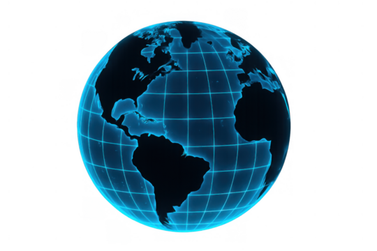 Blue glowing earth globe hologram representing global network, data connection, technology, and communication concept