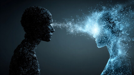 A human and an AI silhouette share a single glowing thought bubble, symbolizing collaboration, merged creativity, and the convergence of human intuition with machine intelligence.
