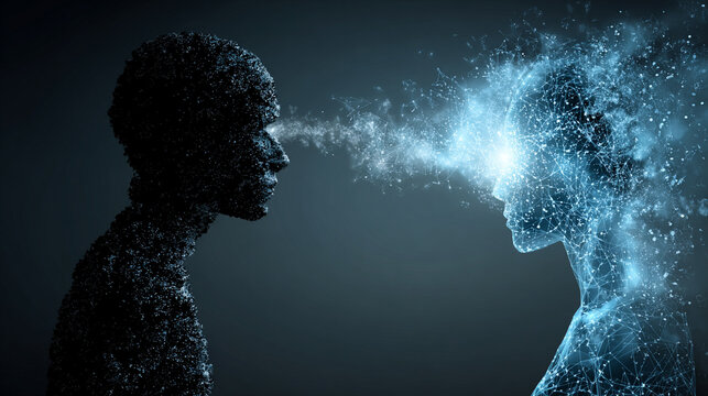 A human and an AI silhouette share a single glowing thought bubble, symbolizing collaboration, merged creativity, and the convergence of human intuition with machine intelligence.
