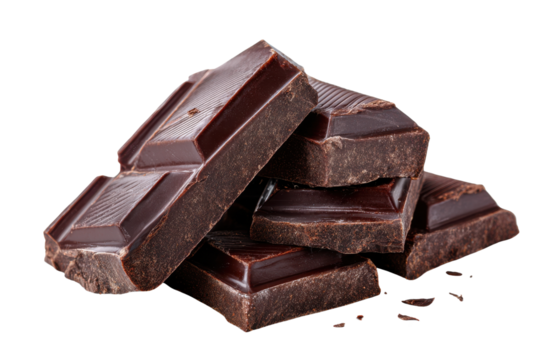 Dark chocolate bar pieces stacked against black background with crumbs cocoa sweet, Png, Isolated on Transparent Background, Cut Out