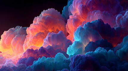 Neon clouds drift through a dark void with glowing edges and vibrant colors, creating a surreal, futuristic atmosphere that evokes mystery, energy, and otherworldly digital landscapes