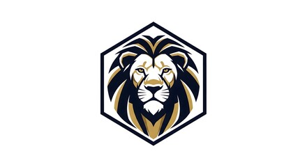 Majestic lion head with a golden mane framed in a hexagon, a symbol of power and courage for a corporate brand identity