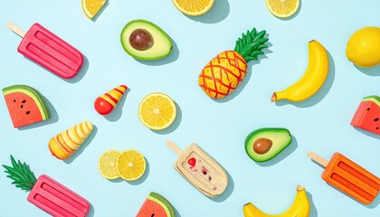 Fruity pattern with popsicles on pale blue