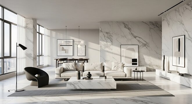 Elegant and bright open-plan living room with modern minimalist furniture, luxurious marble surfaces, and natural light for a sophisticated contemporary interior - Powered by Adobe