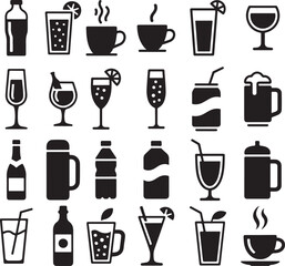 Beverage and Drink Icons Set Keywords: drink, beverage, bottle, glass, cup, mug, wine, champagne, beer, soda, juice, coffee, tea, water, cocktail