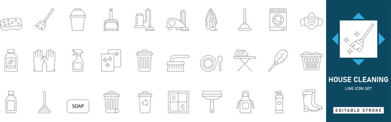 House cleaning, hygiene, and maintenance icons including mop, broom, vacuum, spray, and detergent. Editable line art vector set for home, service, and cleanliness design