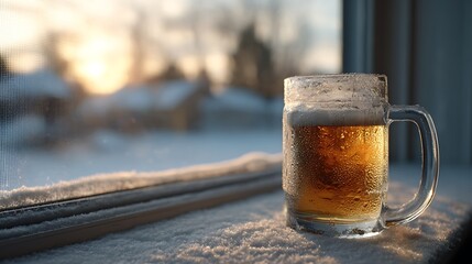 A mug of beer sits on a snow covered windowsill with a blurred winter scene in the background light