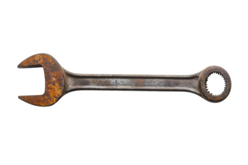 Rusty wrench isolated on transparent background, showcasing the effects of time and wear, a testament to its history and past use in various projects