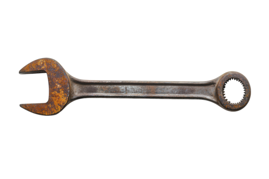 Rusty wrench isolated on transparent background, showcasing the effects of time and wear, a testament to its history and past use in various projects