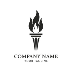 Torch logo design with flame and column base in black and white.