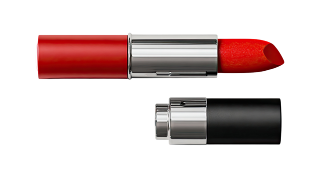 Vibrant red lipstick with glossy texture highlighting feminine beauty and elegance for fashion and makeup photography isolated on white background