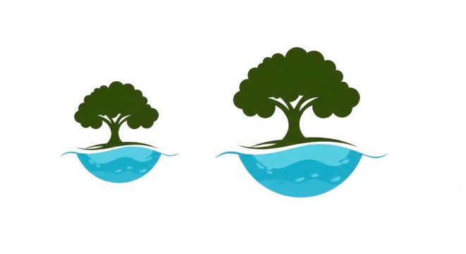 Green trees on water, environment concept logo, environmental protection illustration