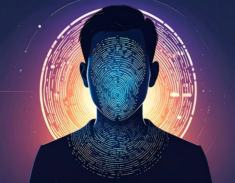 A person's face obscured by a fingerprint pattern, with tech-style aura