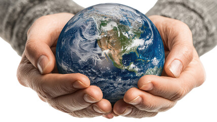  Human hands gently cradling the Earth globe showing care for planet and environmental protection isolated on white background