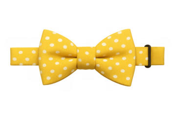 Yellow bow tie featuring white polka dots and an adjustable strap. This classic neckwear accessory is suitable for formal wear. Transparent background