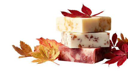 Autumn leaves arranged around a block of cheese showing seasonal harvest and rustic food setting isolated on white background