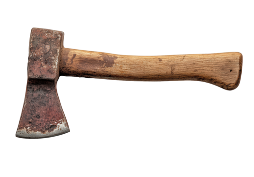A rusty axe with a wooden handle isolated on transparent background, displaying its weathered condition and rugged charm, reminiscent of traditional tools