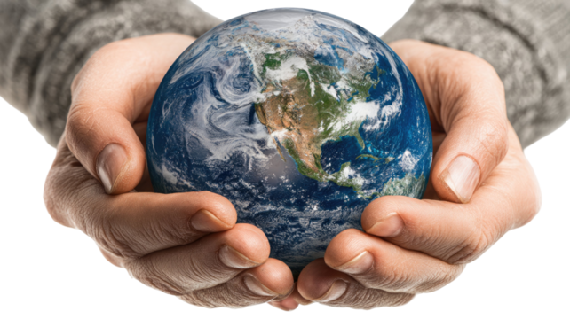  Human hands gently cradling the Earth globe showing care for planet and environmental protection isolated on white background