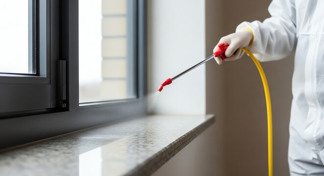 Pest control professional spraying insecticide on window ledge for bug extermination