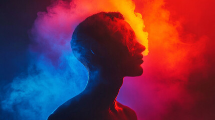 A human figure slowly dissolves into swirling neon smoke, symbolizing transformation, identity shift, fading boundaries, and the fusion of physical presence with vibrant ethereal energy.
